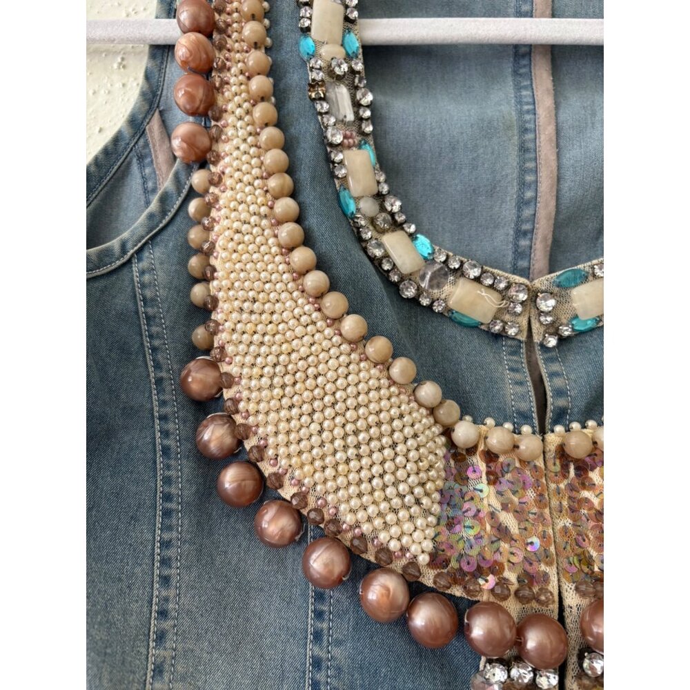Vintage  Lynn Adler Hand Beaded Denim Vest With Rhinestones & Pearls - Picture 5 of 12